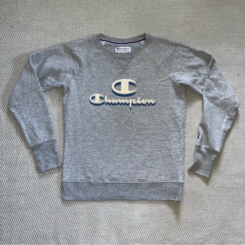 Champion Women's Gray Blue 3D Powerblend Fleece Logo Graphic Crewneck Sweatshirt